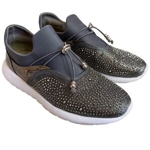 Qupid Womens Gunmetal Rhinestone Bungee Slip On Sneakers Size 10 Wide Pewter